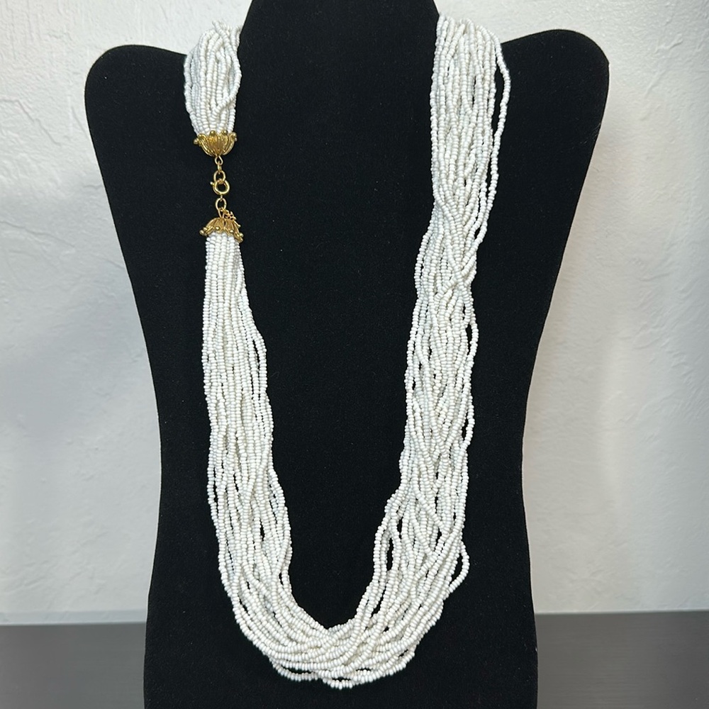 Crown Trifari Multiple Strand Glass White Seed Bead Vintage Necklace